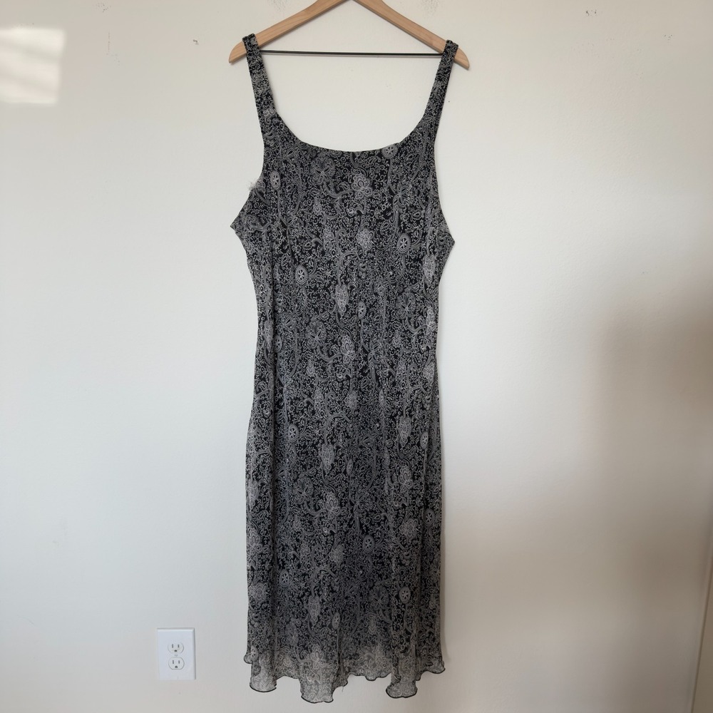 VTG‎ 90s Women Whimsigoth Chiffon Midi Dress 2X Black White Paisley Forest Fairy